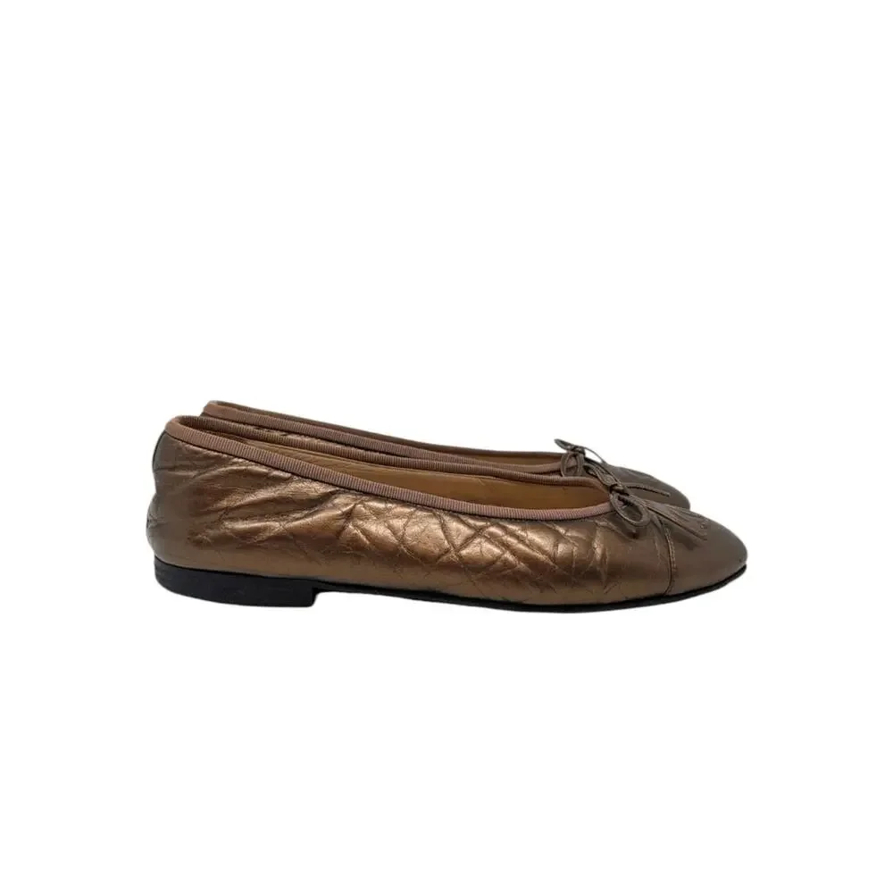 Chanel Ballet Flat Ballerina CC Logo Cap Toe Metallic Bronze Leather 38 | 7.5